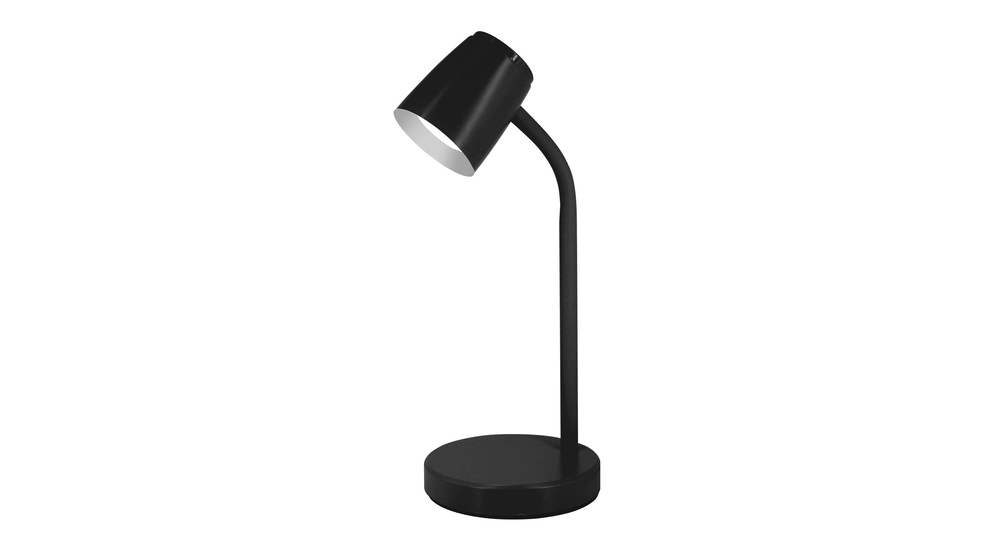 Czarna lampa biurkowa ORO VERO ma okrągłą podstawę o średnicy 14 cm, elastyczne ramię i klosz z wbudowanym oświetleniem LED.