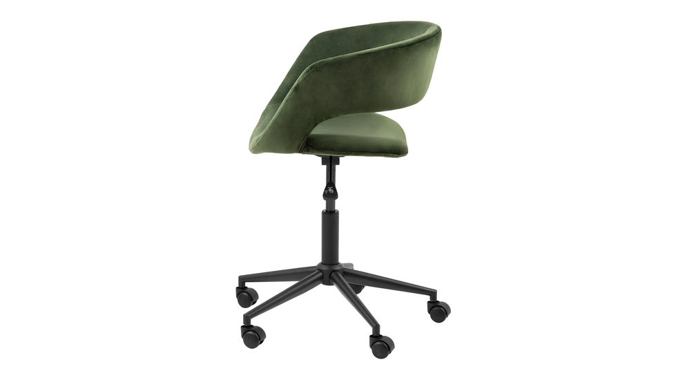 Zielone krzesło HOLI z ozdobnym wycięciem w oparciu.