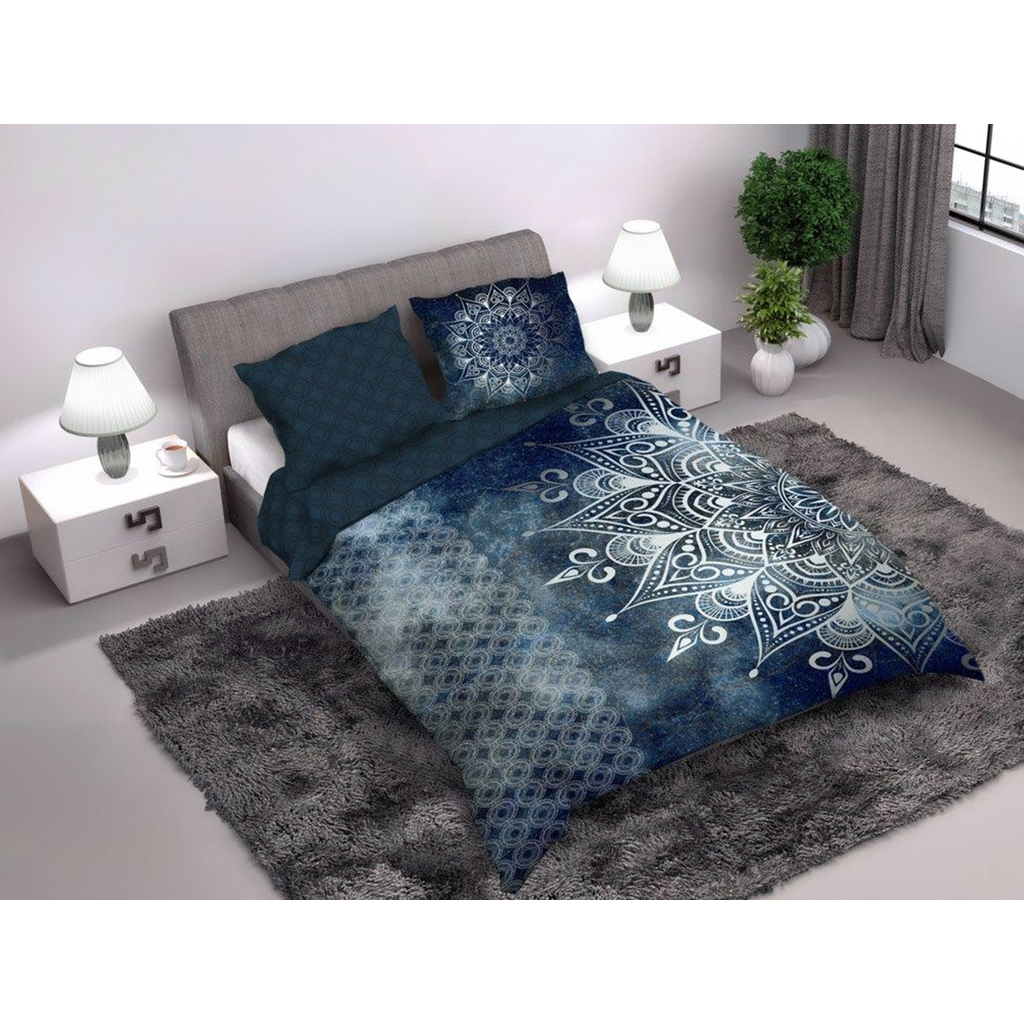 Súprava posteľnej bielizne z bavlneného saténu tmavomodrá MANDALA 160x200 cm