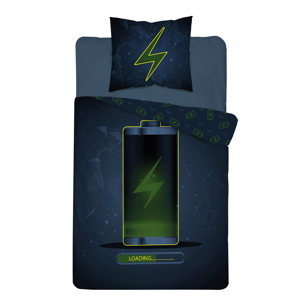 Detské obliečky so svietiacim efektom tmavomodré FLUO BATÉRIA 140x200 cm
