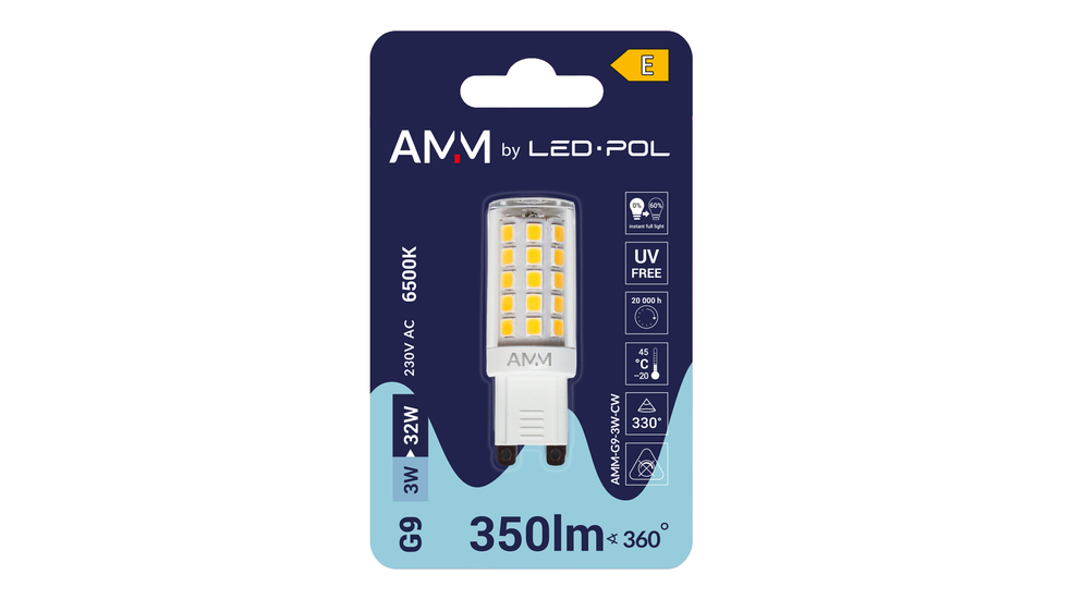 Żarówka LED AMM o mocy 3W jest przeznaczona do pracy pod napięciem 230V.