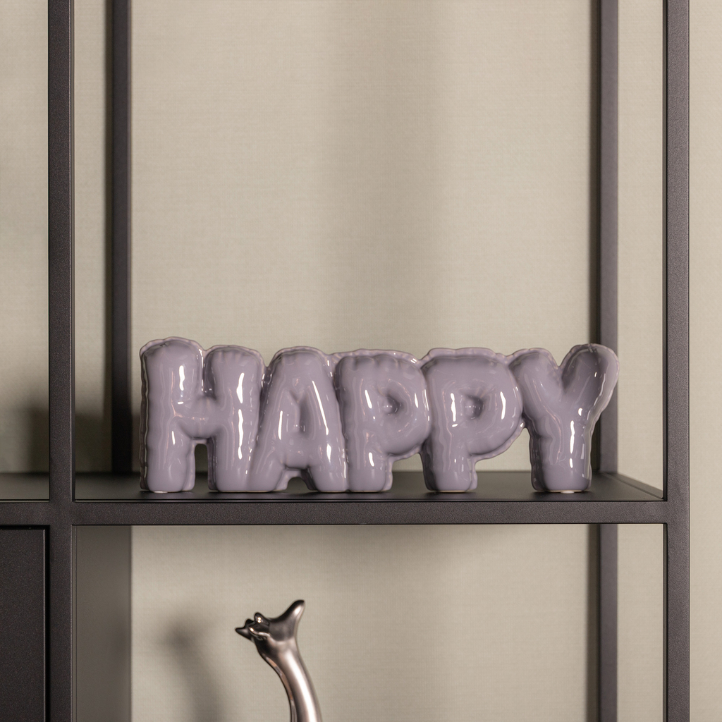 Dekorácia - nápis HAPPY v sivej farbe
