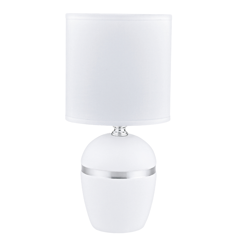 Ceramiczna lampa stołowa ze srebrnym paskiem posiada oprawę dla 1 żarówki typu E14 i mocy maksymalnej 40W.