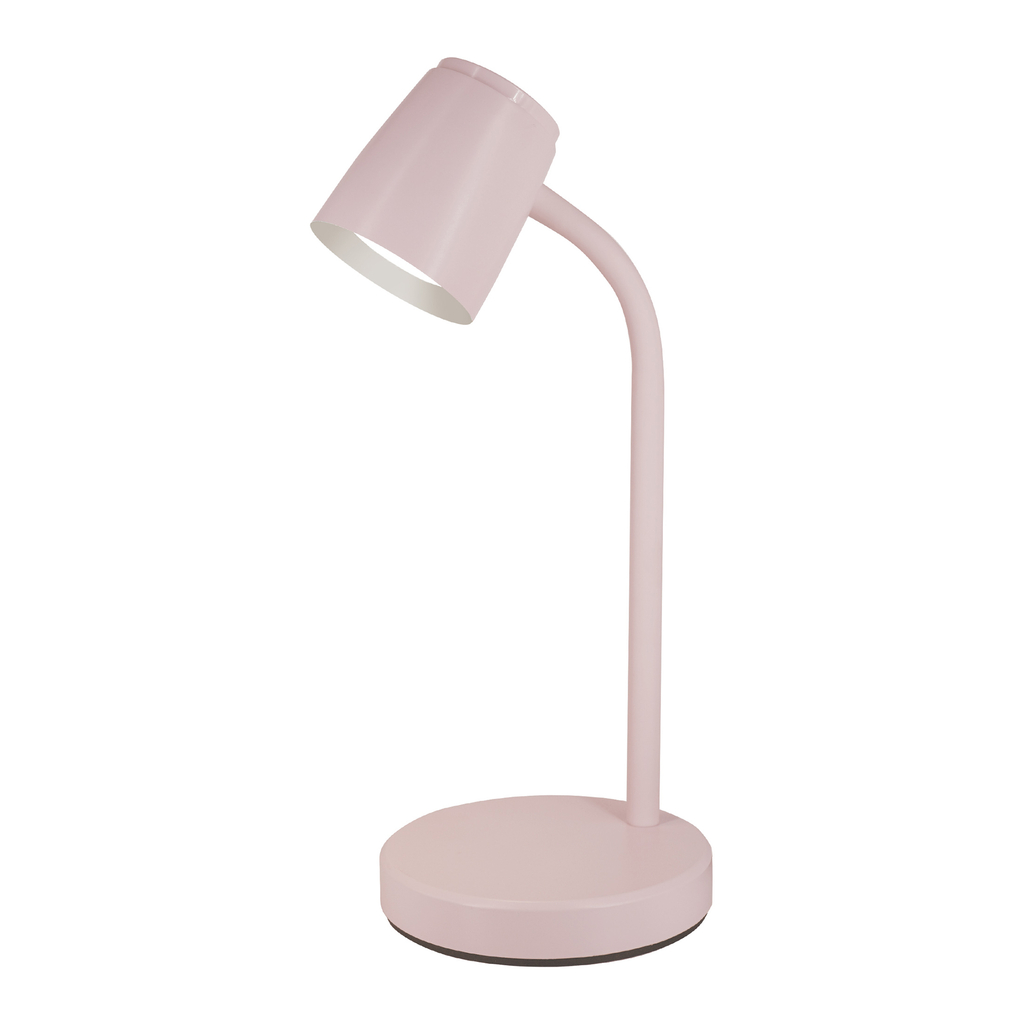 Różowa lampa ORO VERO ma okrągłą podstawę o średnicy 14 cm, elastyczne ramię i klosz z wbudowanym oświetleniem LED.
