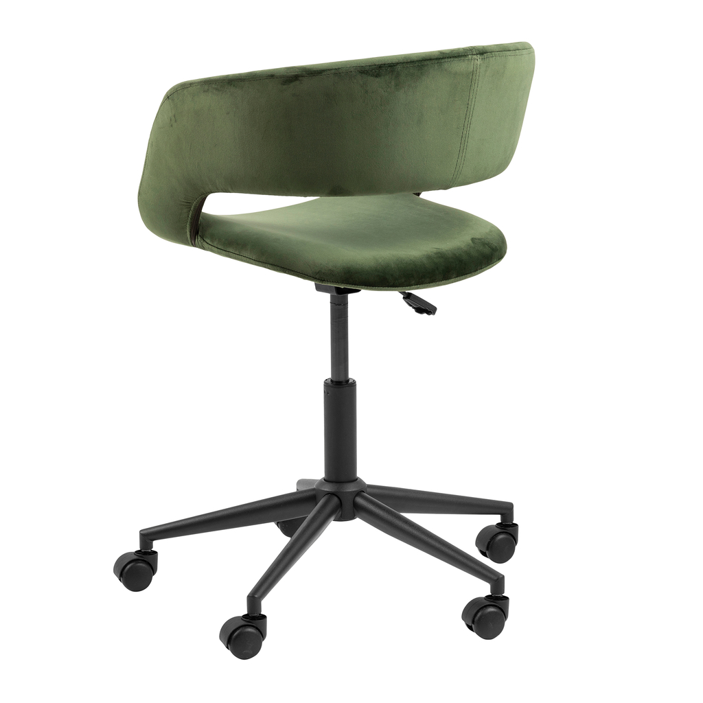 Zielone krzesło HOLI z ozdobnym wycięciem w oparciu.