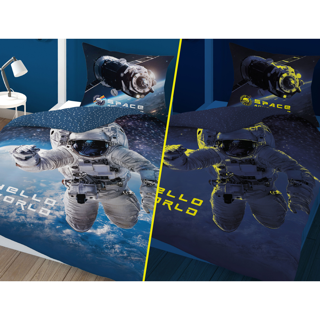 Detské obliečky so svietiacim efektom tmavomodré FLUO KOZMONAUT 140x200 cm