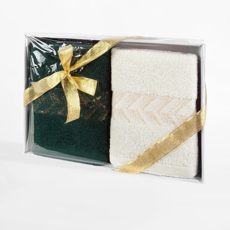 Kremowy i ciemnozielony ręcznik bawełniany ze złotą bordiurą w komplecie