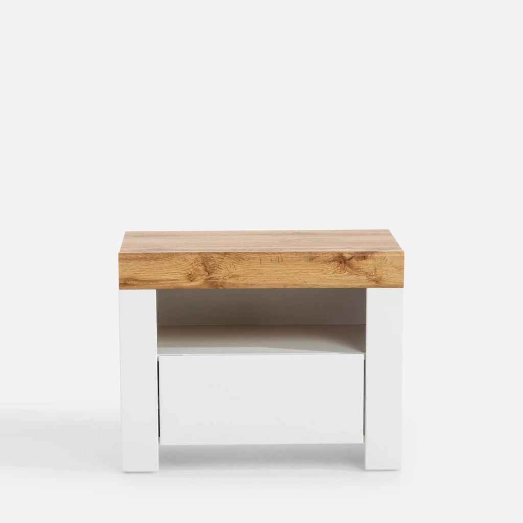 Biała szafka nocna z szufladą i otwartą półką.