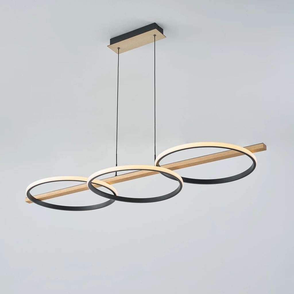 Závesné LED svietidlo 3 krúžky svetlé drevo čierne ALMERIA