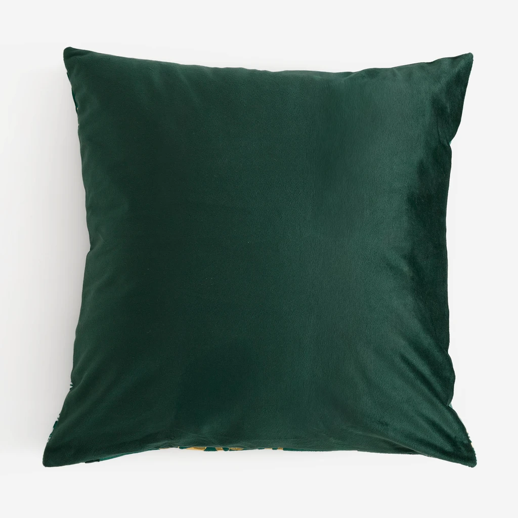 Rewers ciemnozielonej poduszki bez wzoru. 