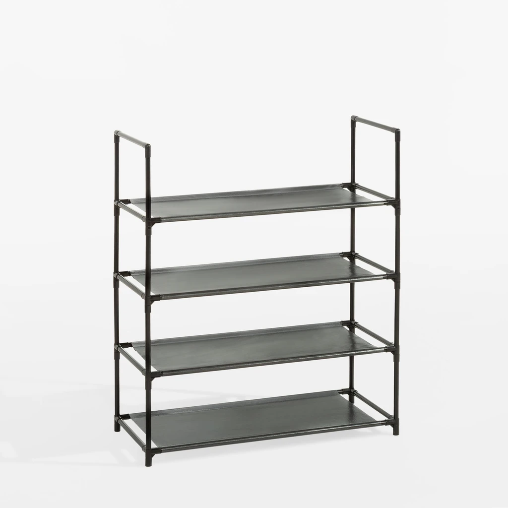 Regał z czterema półkami, widok z ukosa. 