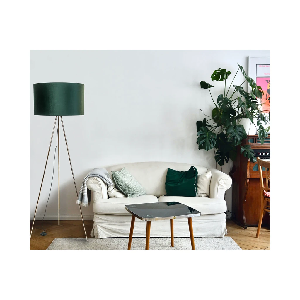 Lampa na zlatej trojnožke tienidlo zelené velúrové INGA