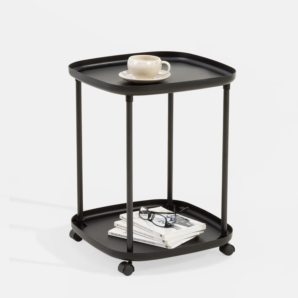 Príručný stolík na kolieskach s 2 poličkami, čierny, 39x50 cm