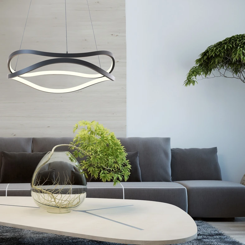 Czarny model lampy wiszącej HARLEY LED to oświetlenie salonowe. Oryginalnym wyglądem 2 pierścieni o nieregularnych kształtach wzbogaca aranżację wnętrza.