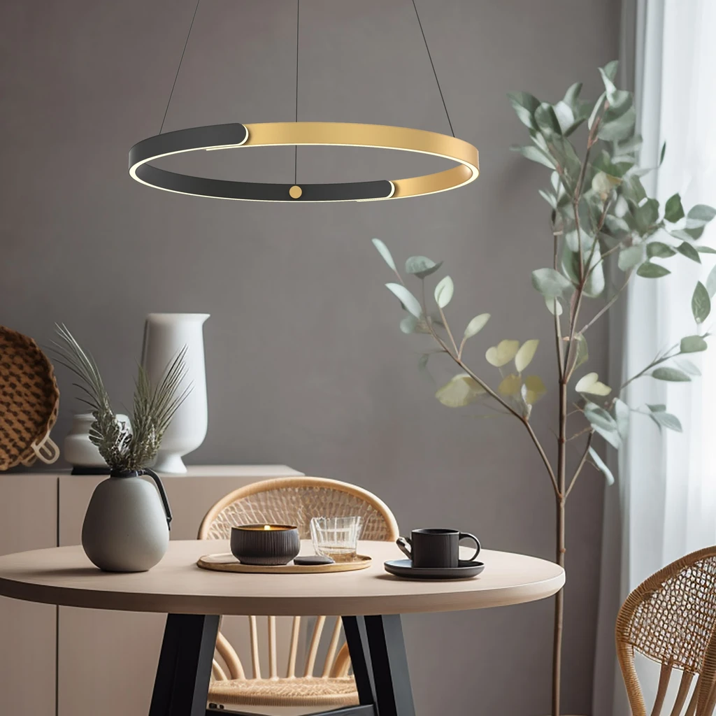 Lampa wisząca LINOS LED - czarno-złoty pierścień, idealny do salonu.