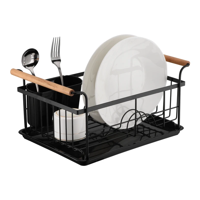 Sušička riadu s drevenými rukoväťami čierna 36x26x16,5 cm