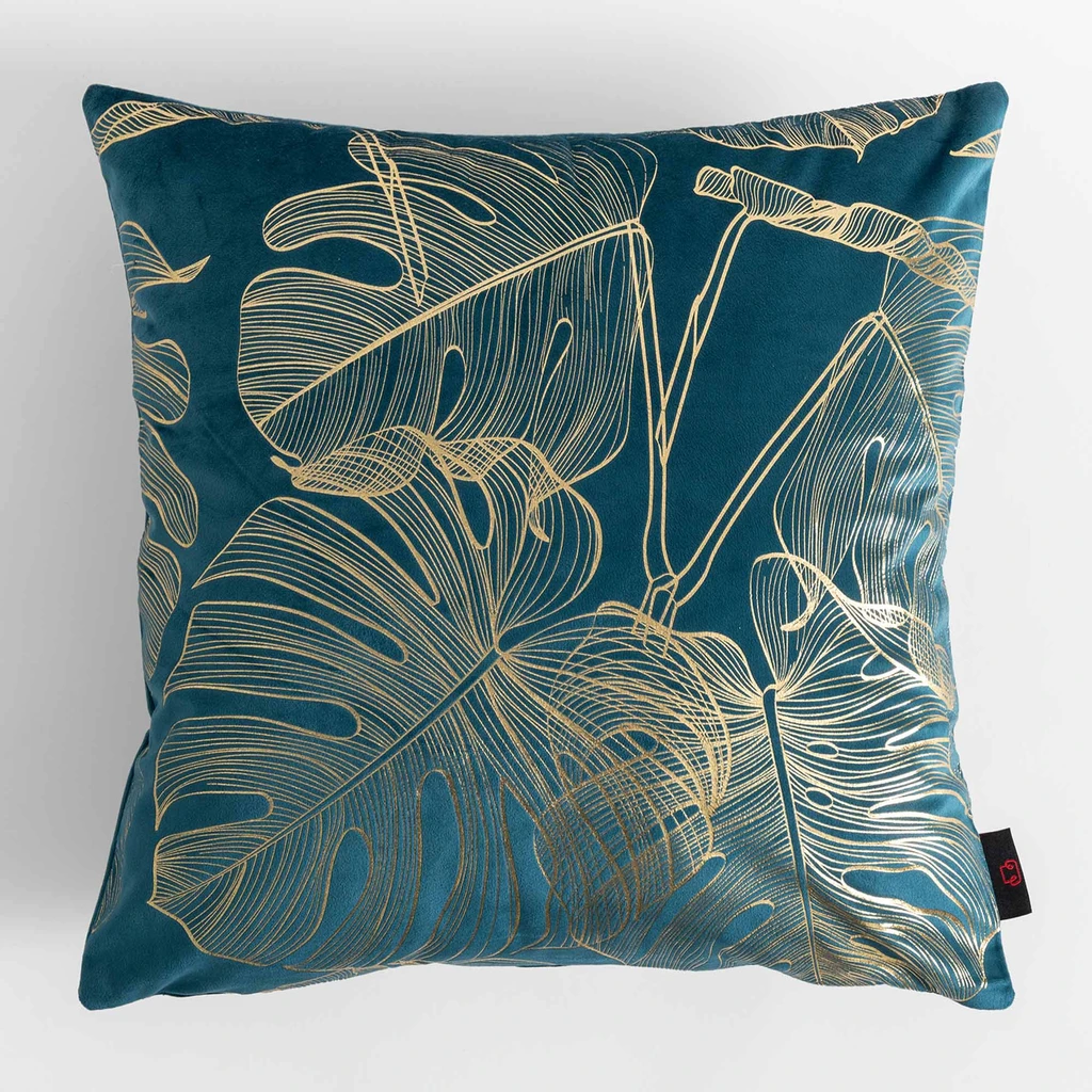 Turkusowa poszewka welurowa ze złotym wzorem liści monstery