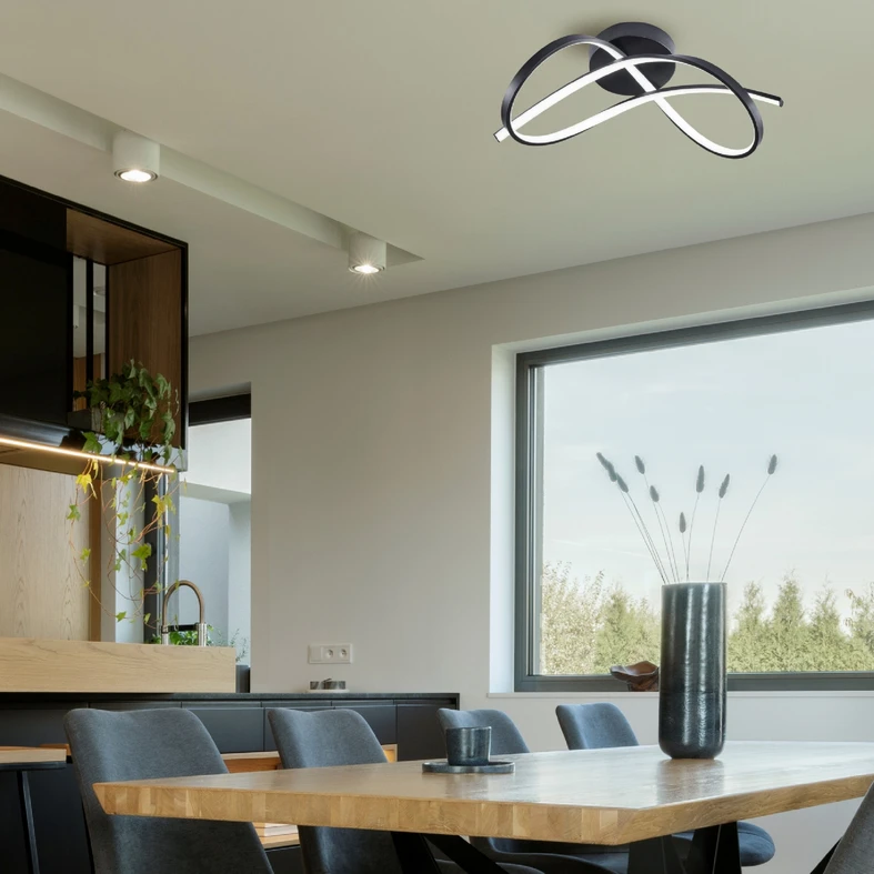 Niecodzienny kształt lampy PAUL oraz kolorystyka w matowym odcieniu czerni pięknie dopełnia wnętrze jasne lub oparte o chłodne błękity i szarości.