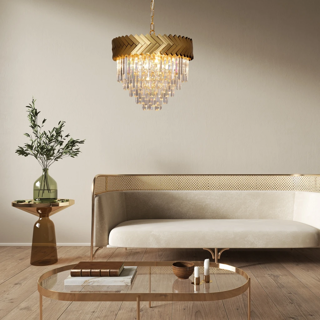 LYON to lampa wisząca o złotym wykończeniu do salonu glamour. Posiada oprawę dla 9 żarówek typu E14 i mocy maksymalnej 40W.