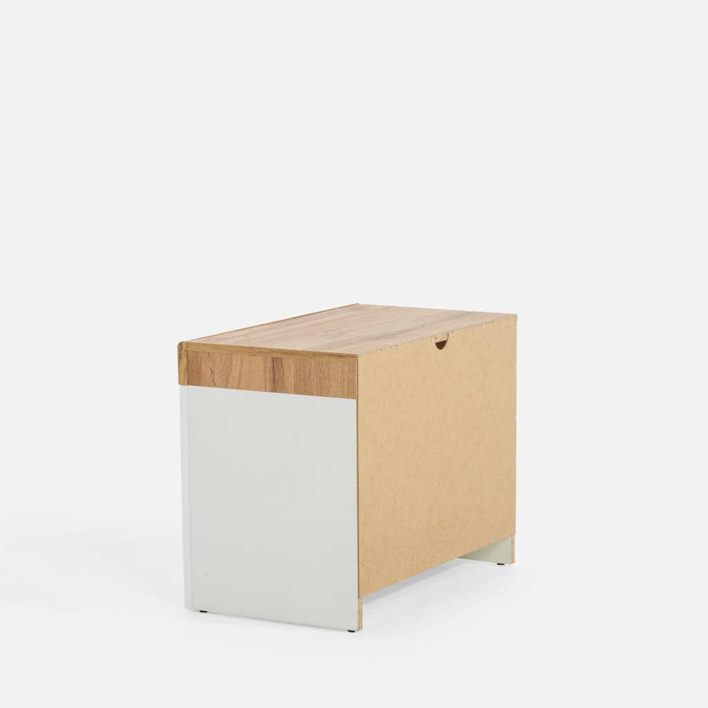 Biała szafka nocna z szufladą i otwartą półką.