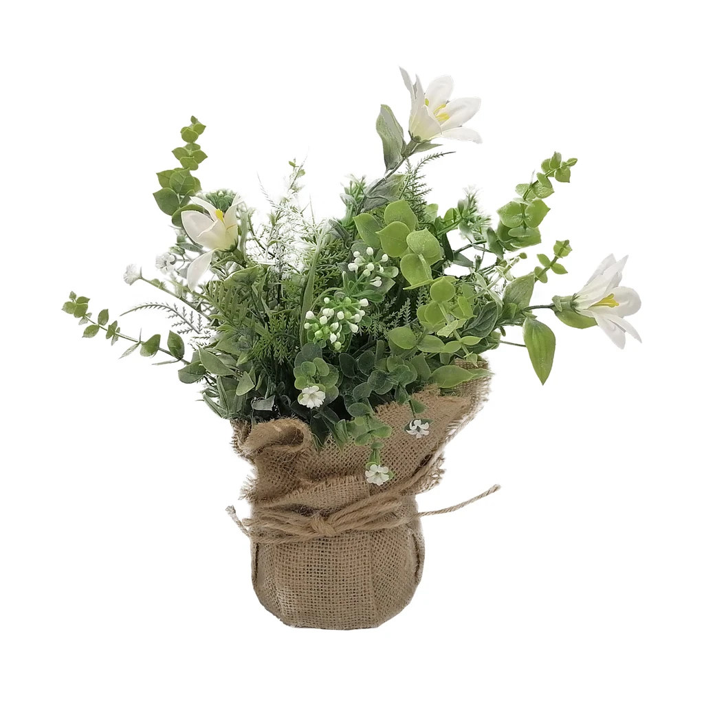 Sztuczny kwiatek w worku jutowym biały 25 cm do salonu lub sypialni.