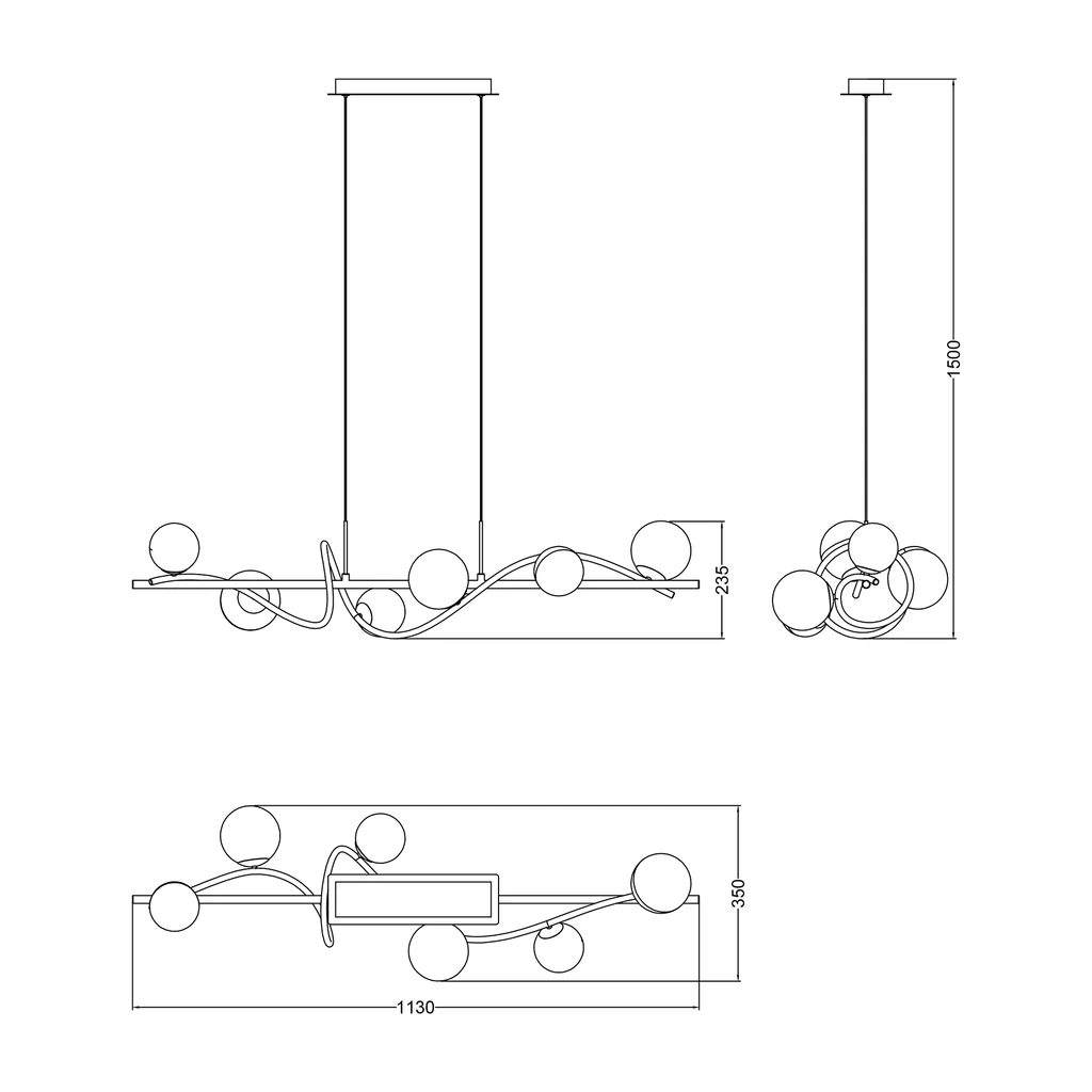Lampa wisząca 6 kloszy kule czarno-złota NISYRO - wymiary.
