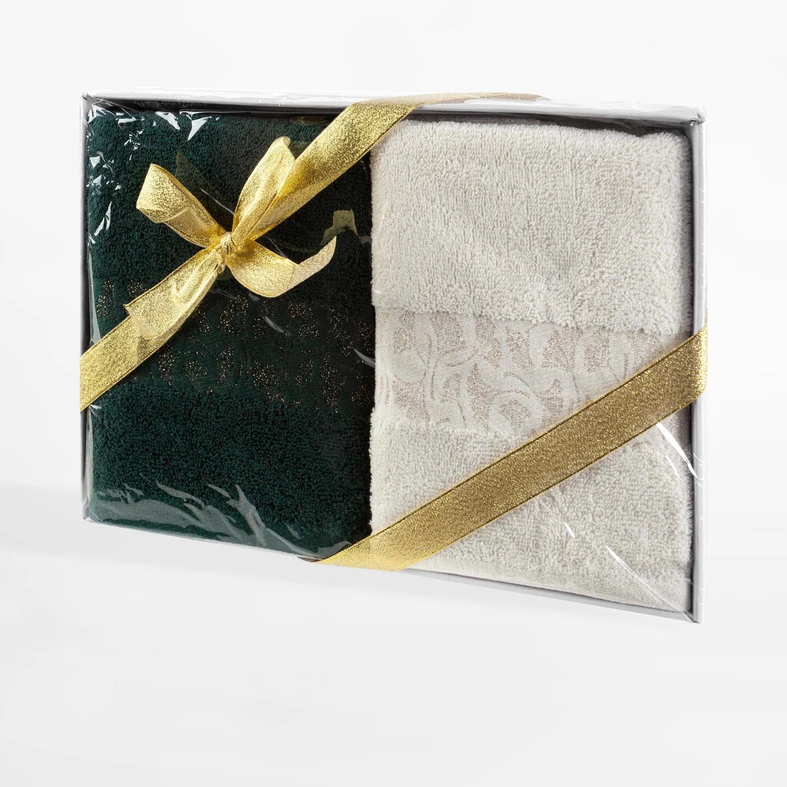 Kremowy i ciemnozielony ręcznik bawełniany w komplecie