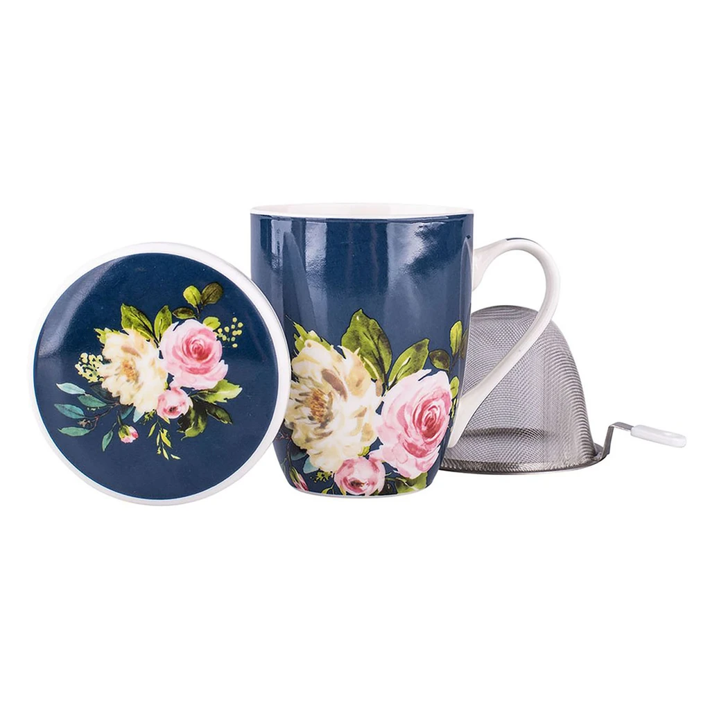 Hrnček s filtrom a vrchnákom, tmavomodrý s kvetmi AMELIA 300 ml