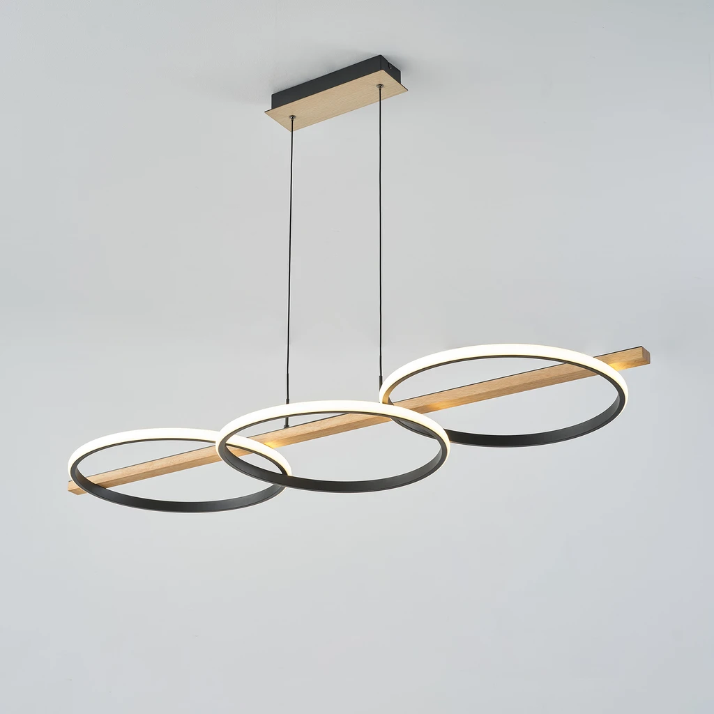 Závesné LED svietidlo 3 krúžky svetlé drevo čierne ALMERIA