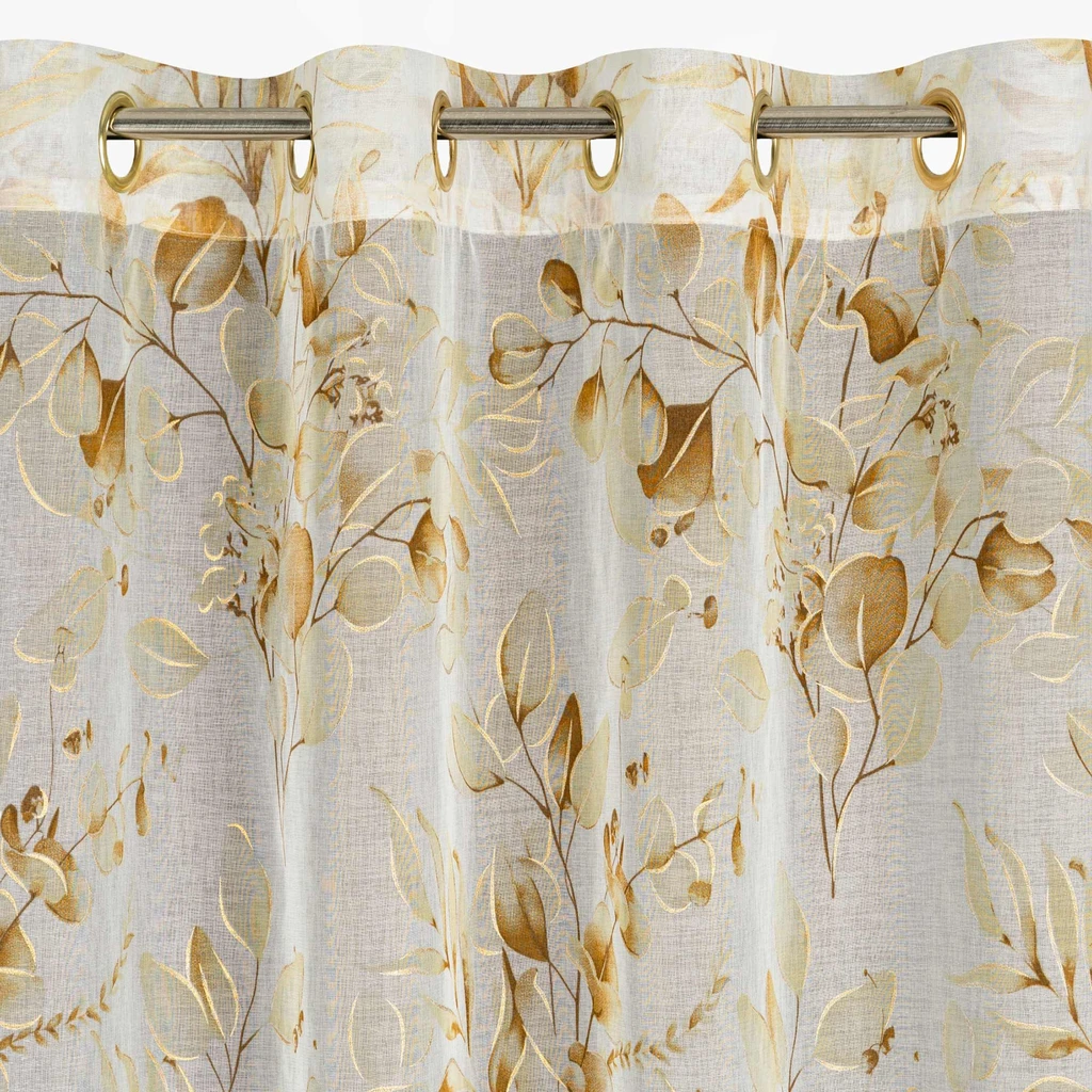 Beżowa zasłona na przelotkach ze złotym motywem liści