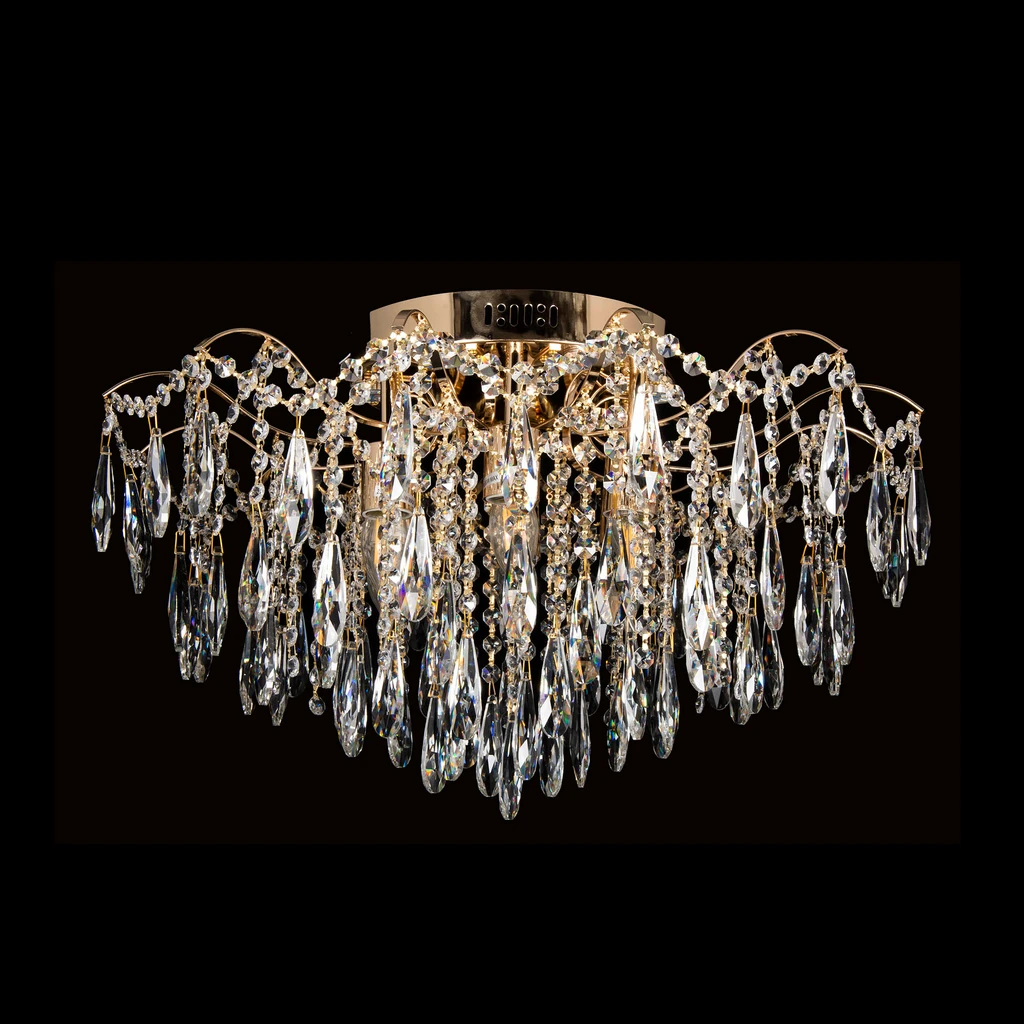 Sufitowy model lampy ze szklanymi kryształkami oraz 2 rodzajami oświetlenia.