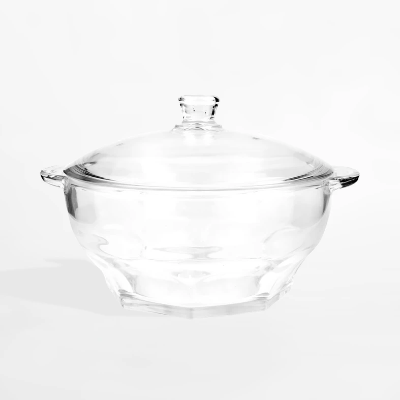 Szklana waza z pokrywką, o klasycznym designie, z delikatnym geometrycznym motywem w postaci 8-kątnego spodu.