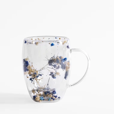 Dvojstenný sklenený hrnček MODRÉ KVETY 350 ml