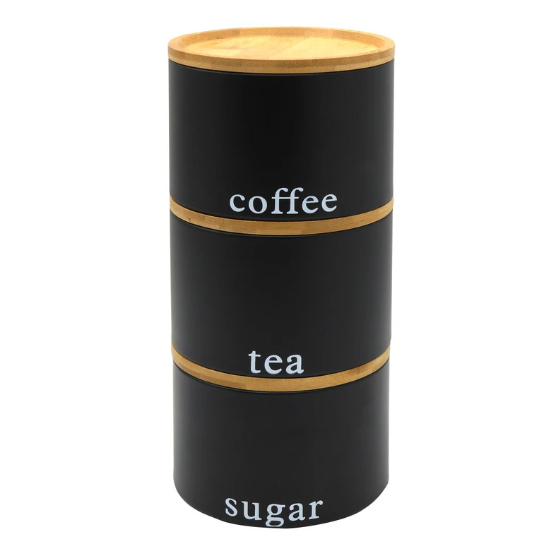 Súprava 3 nádob s bambusovými vekami Káva Čaj Cukor