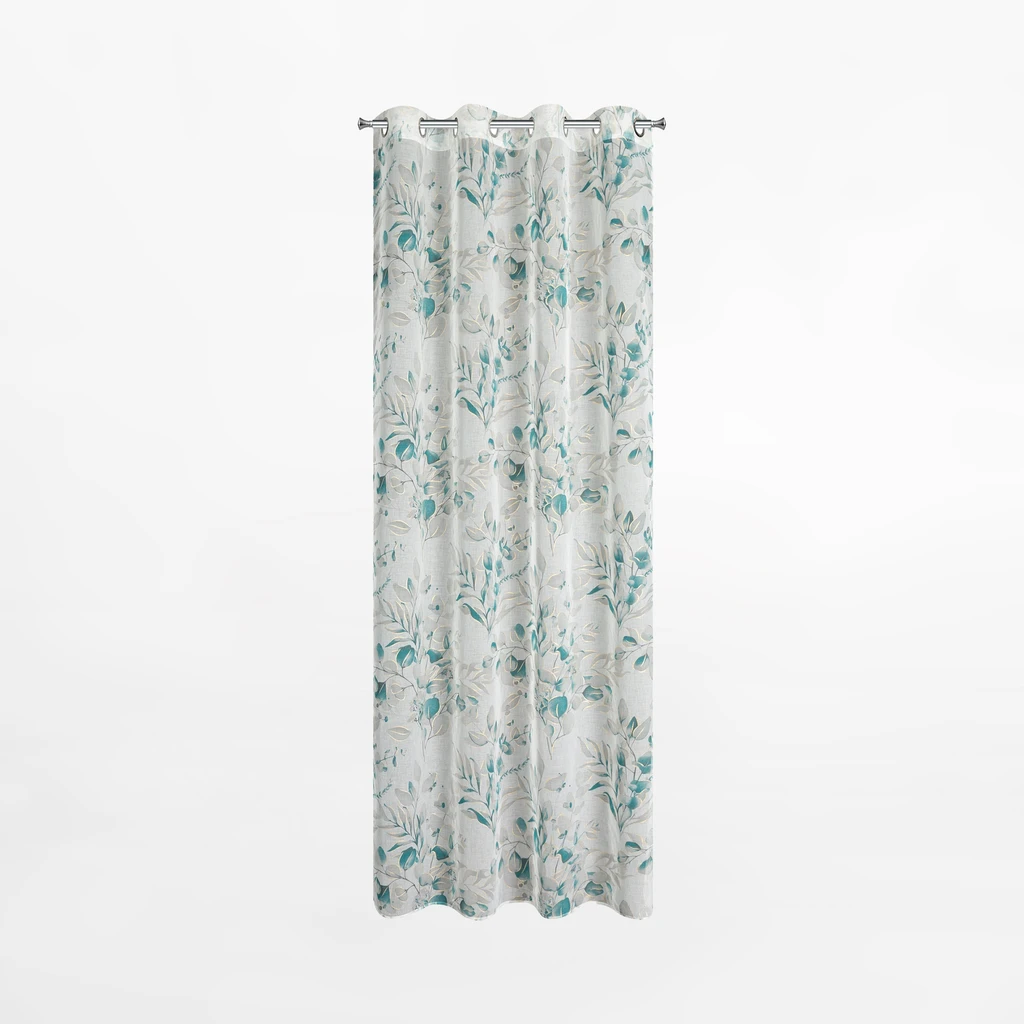 Zwiewna, elegancka zasłona na przelotkach, o motywie szaro-turkusowych liści podkreślonych złotymi akcentami.