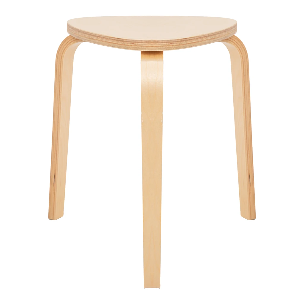 Taboret z trzema nogami i trójkątnym siedziskiem.