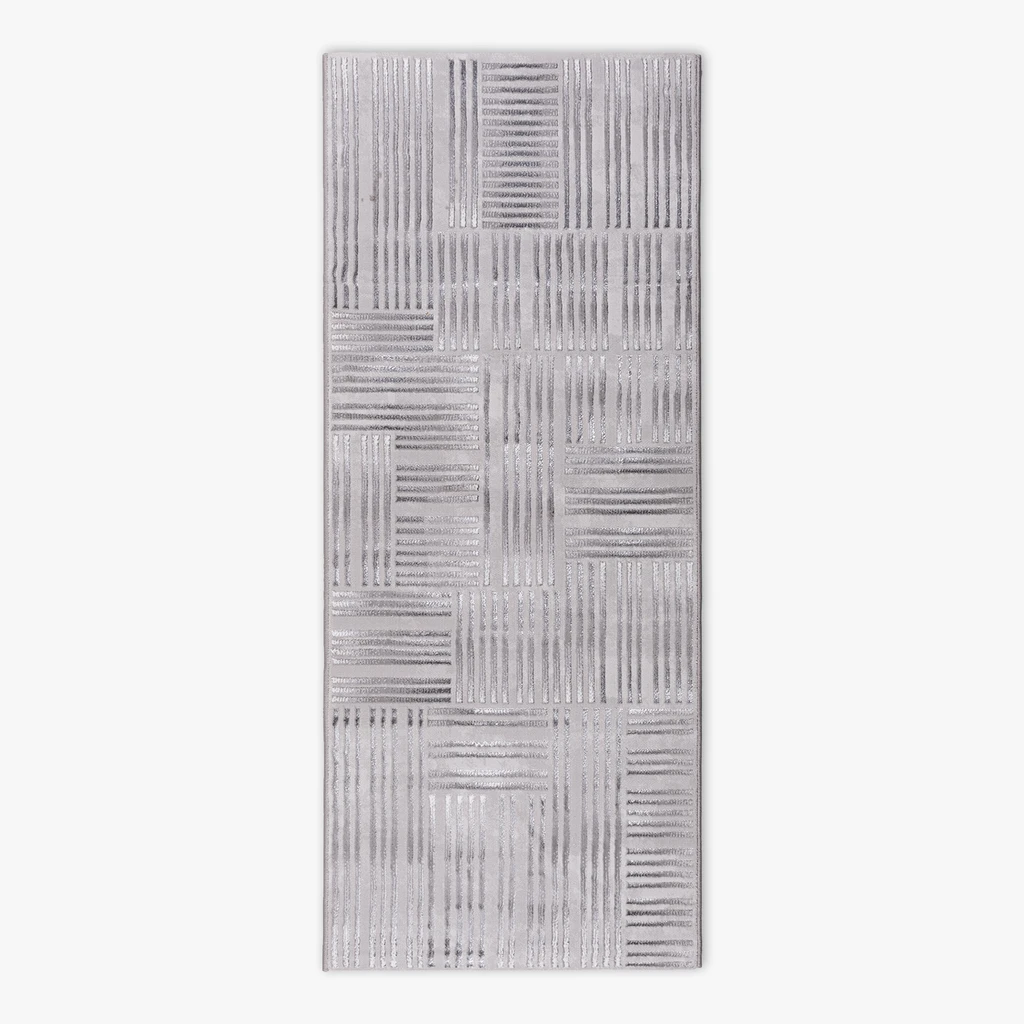 Chodnik srebrny LINIE MIGUEL 80x200 cm wykonany z przędzy poliestrowej.