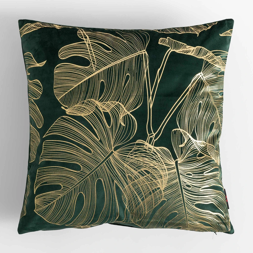 Ciemnozielona welurowa poszewka ze złotym wzorem monstery