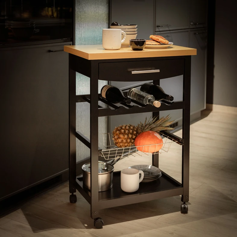 Czarny wózek kuchenny z szufladą, półką na napoje i metalowym koszykiem.