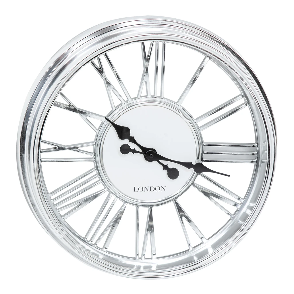 Nástenné hodiny strieborné, rímske číslice, 44 cm