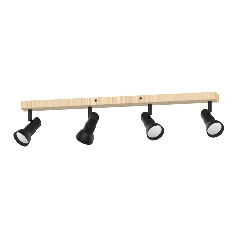 Listwa 4-punktowa TRIEST to oświetlenie, które rozjaśni i ozdobi przestrzeń zaaranżowaną w nowoczesnym stylu. Podstawę lampy wykonano z jasnego drewna o widocznym usłojeniu, a głowice z metalu wykończonego czarnym, matowym kolorem.