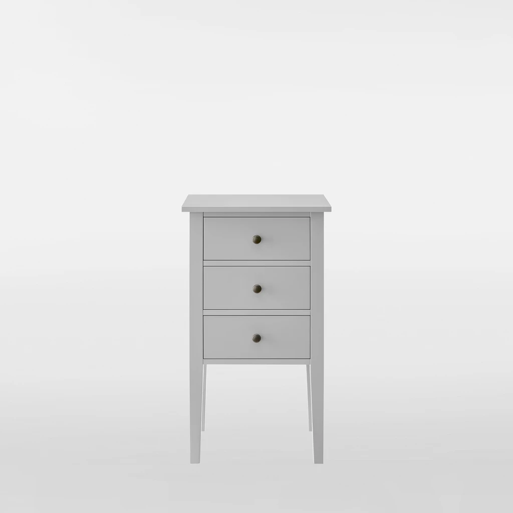 Szara szafka nocna z 3 szufladami na wysokich nóżkach.