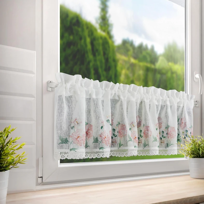 Biała firana do kuchni z kwiatowym wzorem