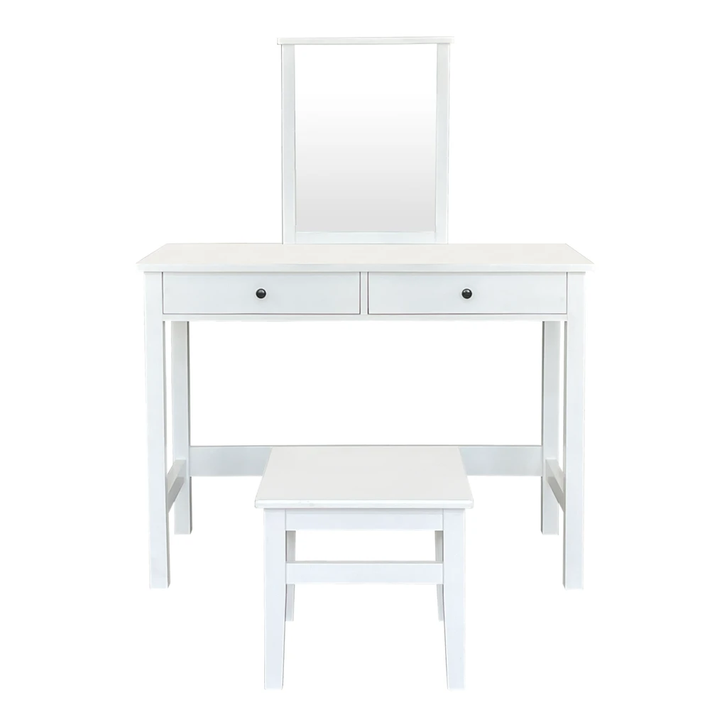 Biała toaletka z prostokątnym lustrem, 2 szufladami i taboretem.