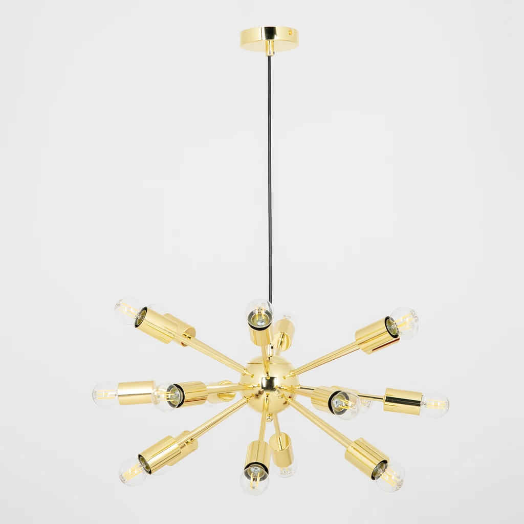 Lampa wisząca MANDI w kolorze złota posiada oprawę na 18 żarówek typu E27 o mocy maksymalnej 40W.