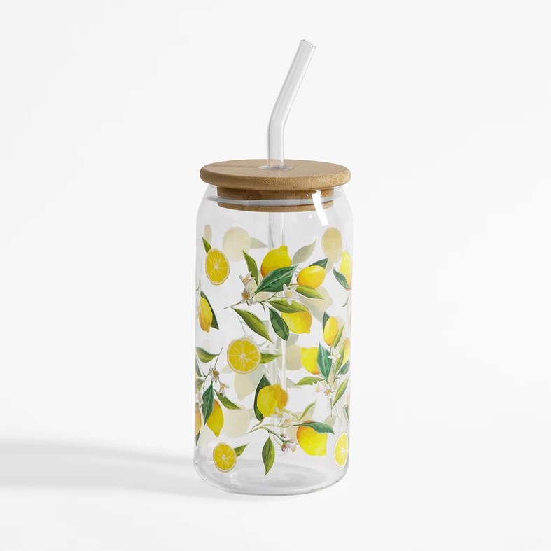 Pohár s bambusovým viečkom a slamkou CITRÓNY 500 ml