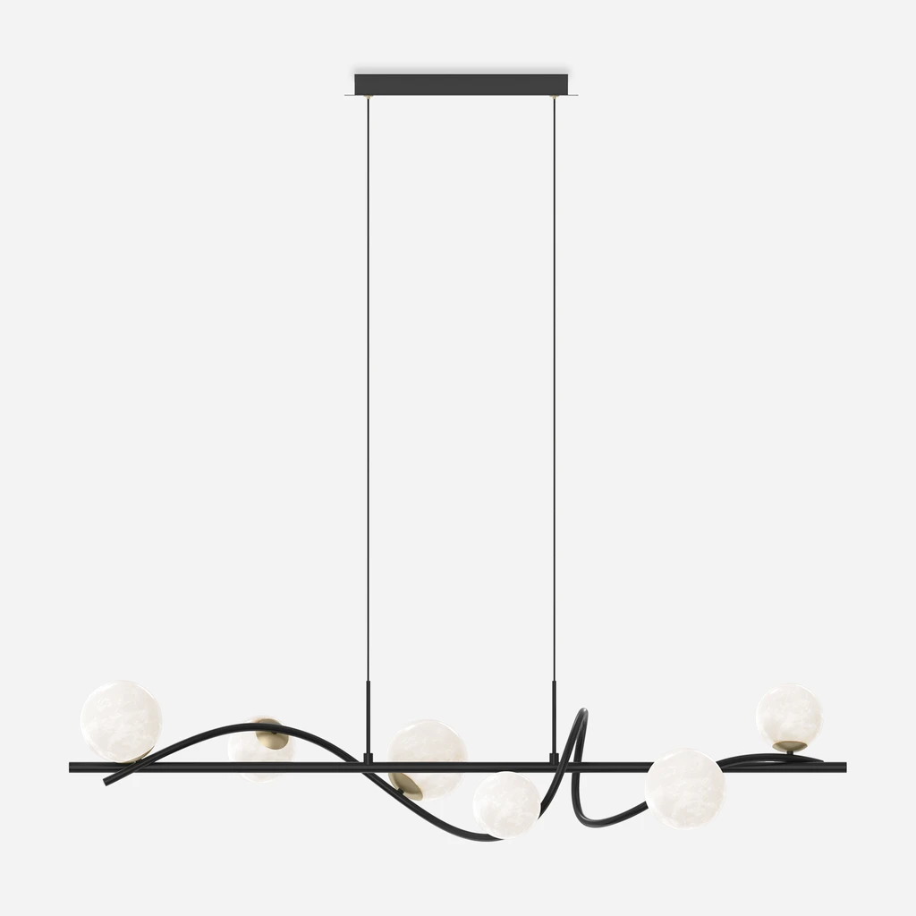 Czarna oprawa NISYRO o kształcie wstęgi została upiększona aż 6 kulistymi kloszami.