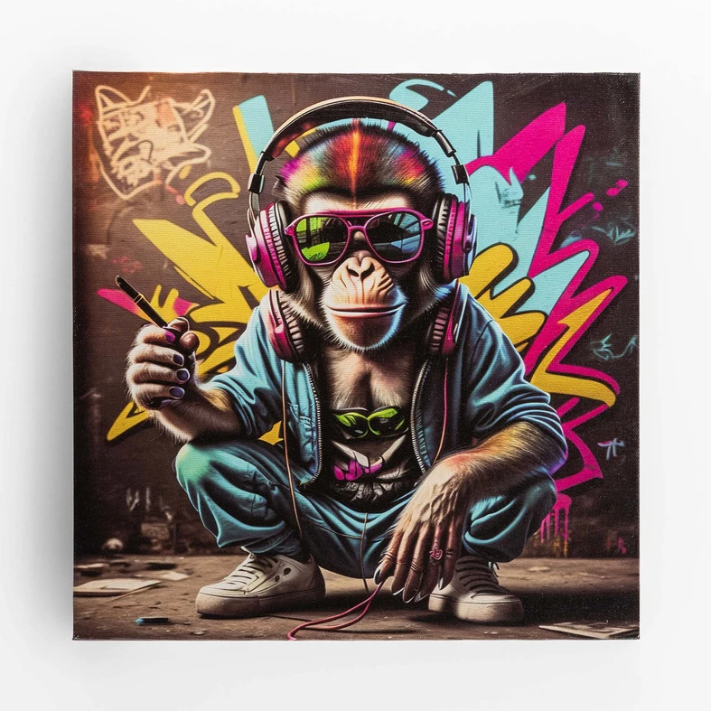 Obraz z grafiką małpy w słuchawkach