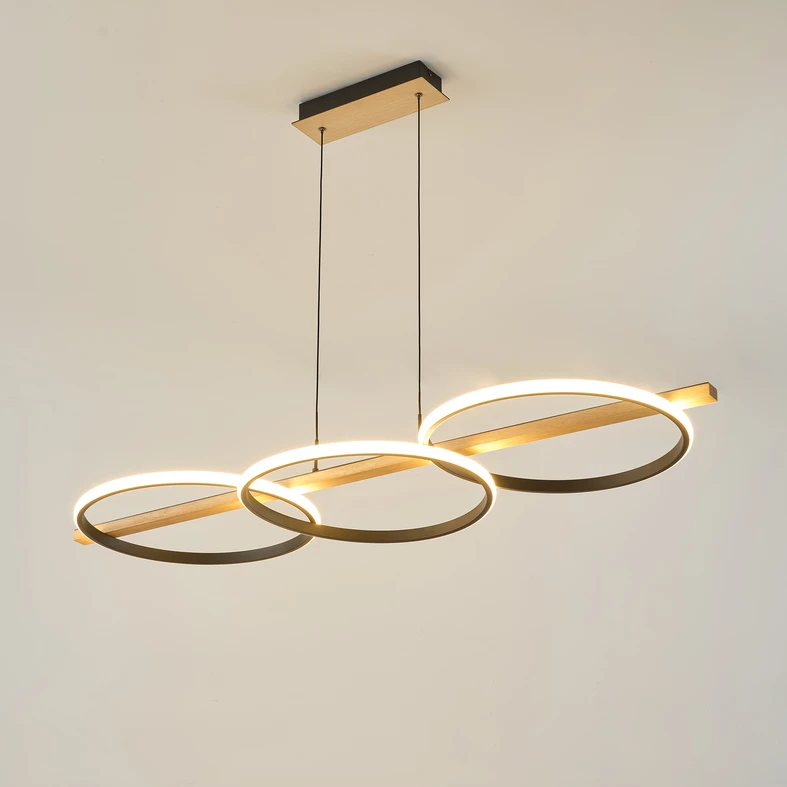 Závesné LED svietidlo 3 krúžky svetlé drevo čierne ALMERIA