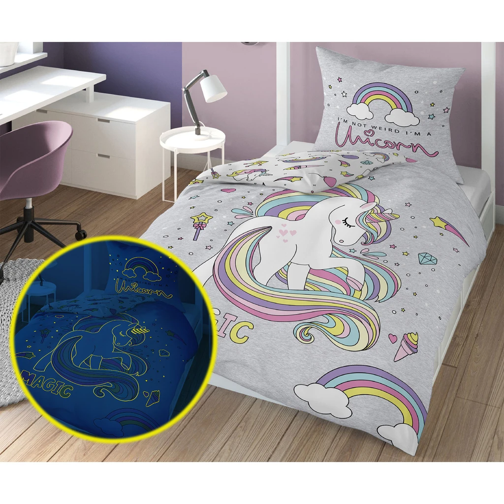 Bavlnená posteľná súprava svietiaca v tme FLUO JEDNOROŽEC 160 x 200 cm